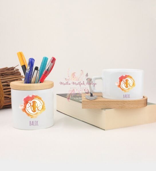 Ahşap Altlıklı Fincan ve Kalemlik Seti  Balık Burcu