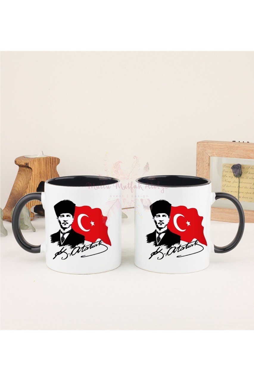 Öğretmenler Günü Hediyesi Atatürk  İkili Siyah Kupa Bardak