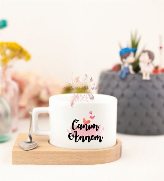 Anneler Günü Canım Annem Ahşap Altlıklı Fincan