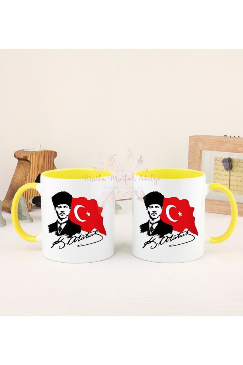 Öğretmenler Günü Hediyesi Atatürk  İkili Sarı Kupa Bardak