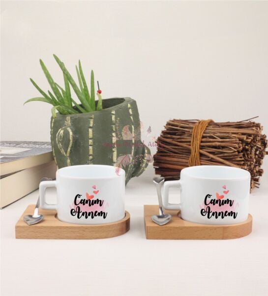 Anneler Günü Canım Annem İkili Ahşap Altlıklı Fincan
