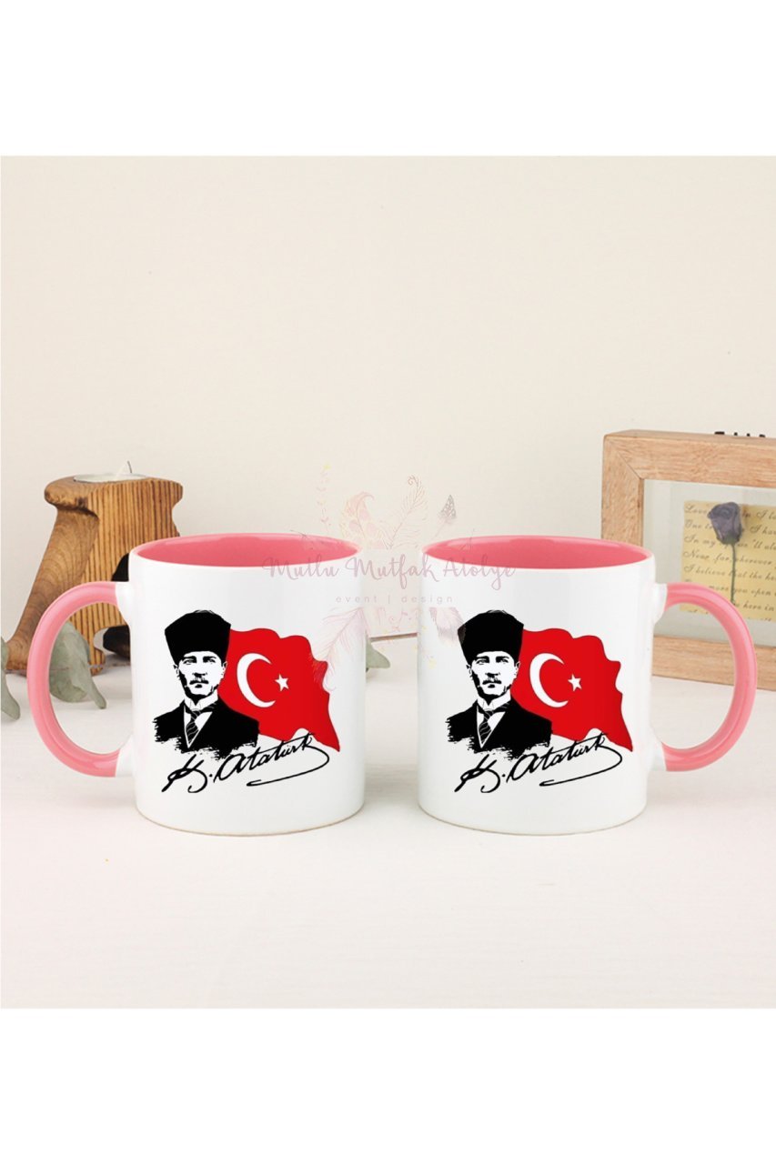 Öğretmenler Günü Hediyesi Atatürk  İkili Pembe Kupa Bardak