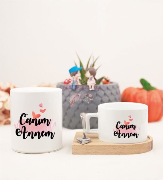 Anneler Günü Canım Annem Ahşap Altlıklı Fincan ve Kumbara