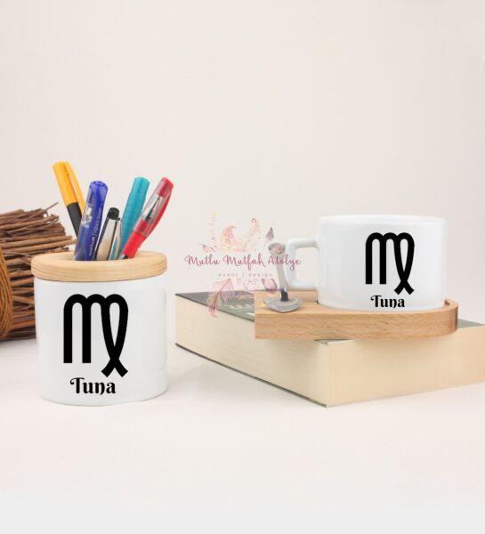 Kişiye Özel Ahşap Altlıklı Fincan ve Kalemlik Seti Başak Burcu