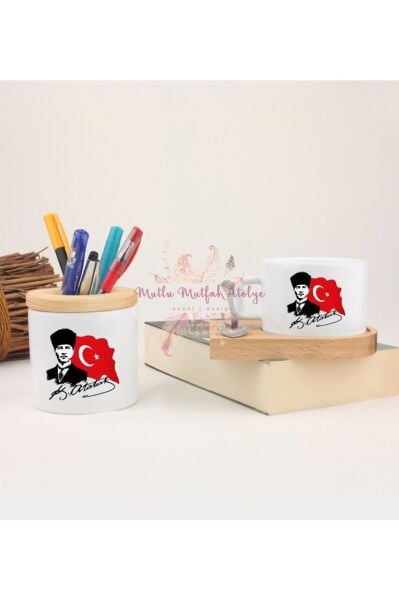 Öğretmenler Günü Hediyesi Atatürk  Kalemlik ve Ahşap Altlıklı Fincan