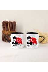 Öğretmenler Günü Hediyesi Atatürk  İkili Siyah Kalpli Kupa Bardak