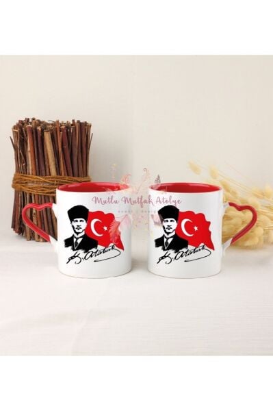 Öğretmenler Günü Hediyesi Atatürk  İkili Kırmızı Kalpli Kupa Bardak