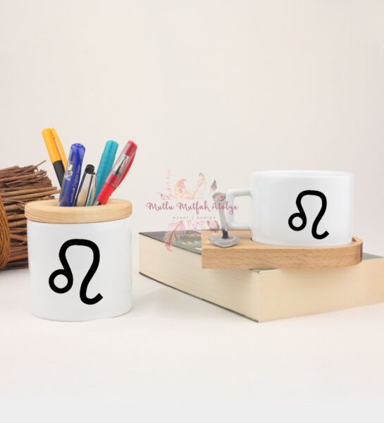 Ahşap Altlıklı Fincan ve Kalemlik Seti  Aslan Burcu