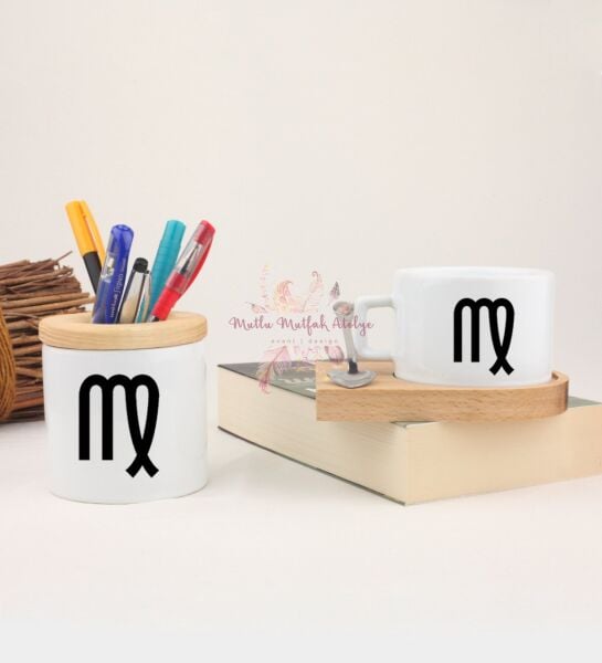 Ahşap Altlıklı Fincan ve Kalemlik Seti  Başak Burcu