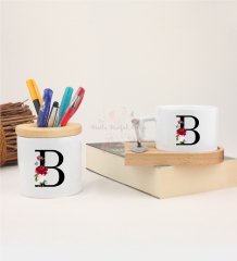 B Harfi Çiçek DesenliKalemlik ve Ahşap Altlıklı Fincan