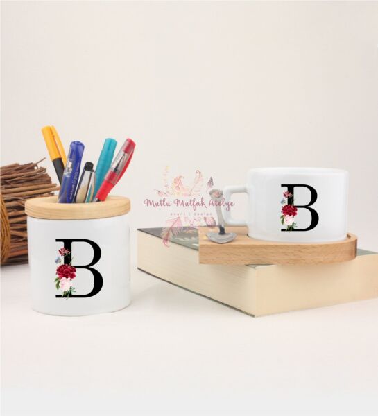 B Harfi Çiçek DesenliKalemlik ve Ahşap Altlıklı Fincan