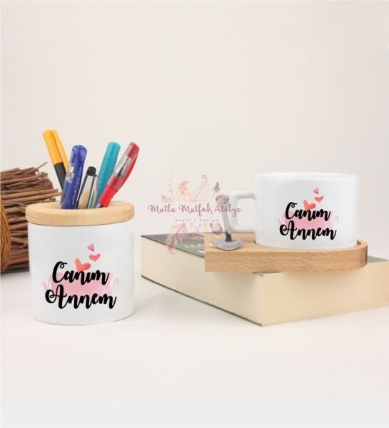 Anneler Günü Canım Annem Kalemlik ve Ahşap Altlıklı Fincan
