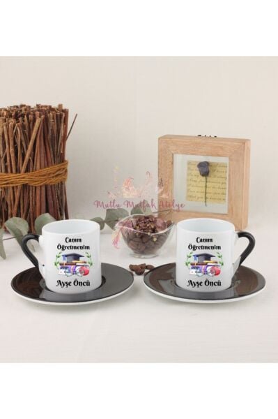 Kişiye Özel Öğretmenler Günü Hediyesi İsimli Canım Öğretmenim İkili Siyahlı Türk Kahvesi Fincanı