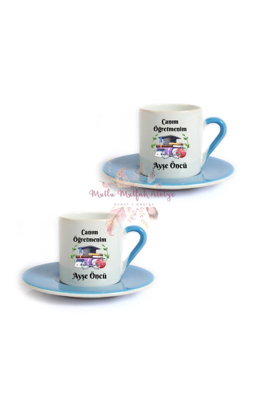Kişiye Özel Öğretmenler Günü Hediyesi İsimli Canım Öğretmenim İkili Mavi Türk Kahvesi Fincanı