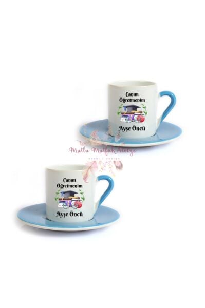 Kişiye Özel Öğretmenler Günü Hediyesi İsimli Canım Öğretmenim İkili Mavi Türk Kahvesi Fincanı