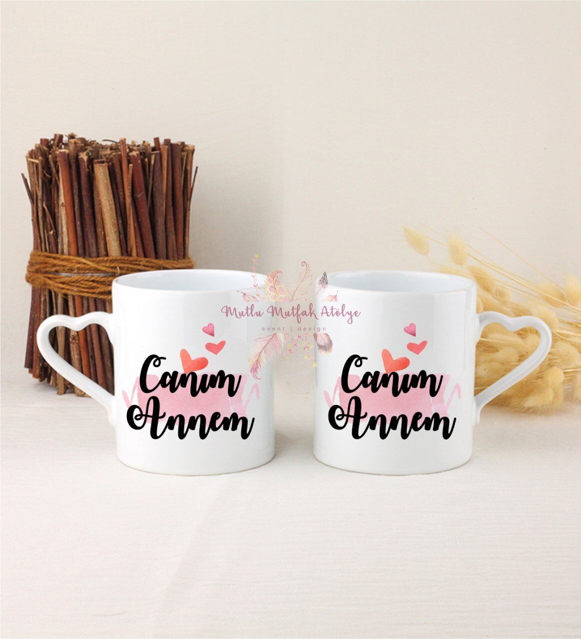 Anneler Günü Canım Annem İkili Beyaz Kalpli Kupa Bardak