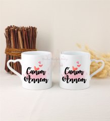 Anneler Günü Canım Annem İkili Beyaz Kalpli Kupa Bardak