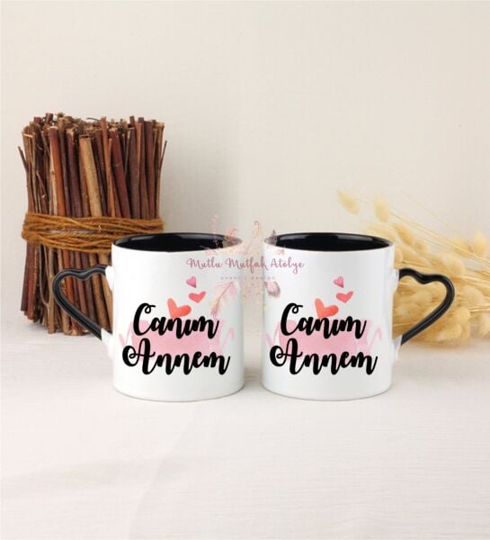 Anneler Günü Canım Annem İkili Siyah Kalpli Kupa Bardak
