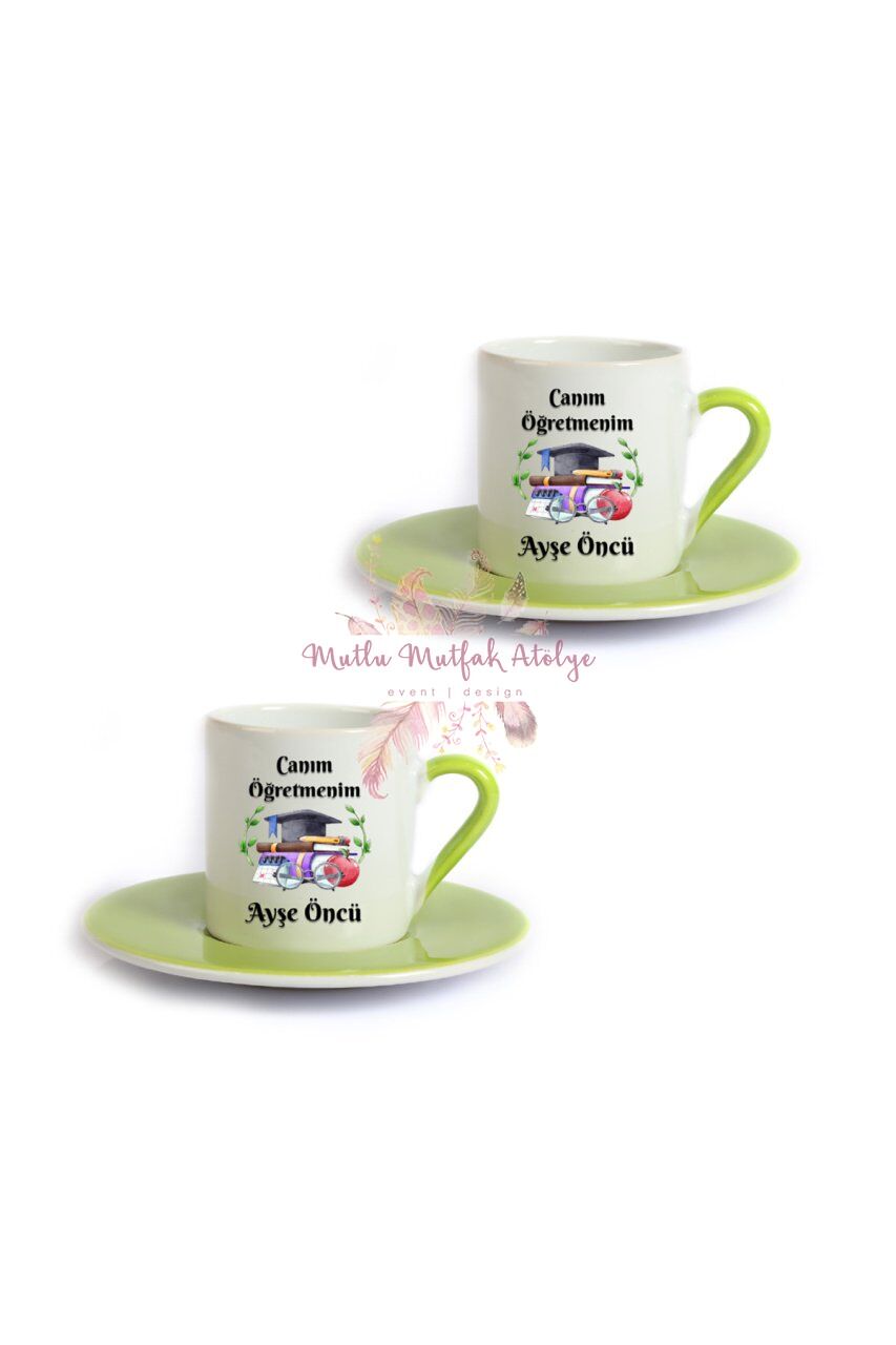 Kişiye Özel Öğretmenler Günü Hediyesi İsimli Canım Öğretmenim İkili Yeşil Türk Kahvesi Fincanı