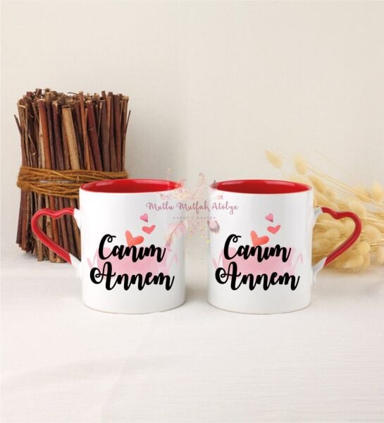 Anneler Günü Canım Annem İkili Kırmızı Kalpli Kupa Bardak