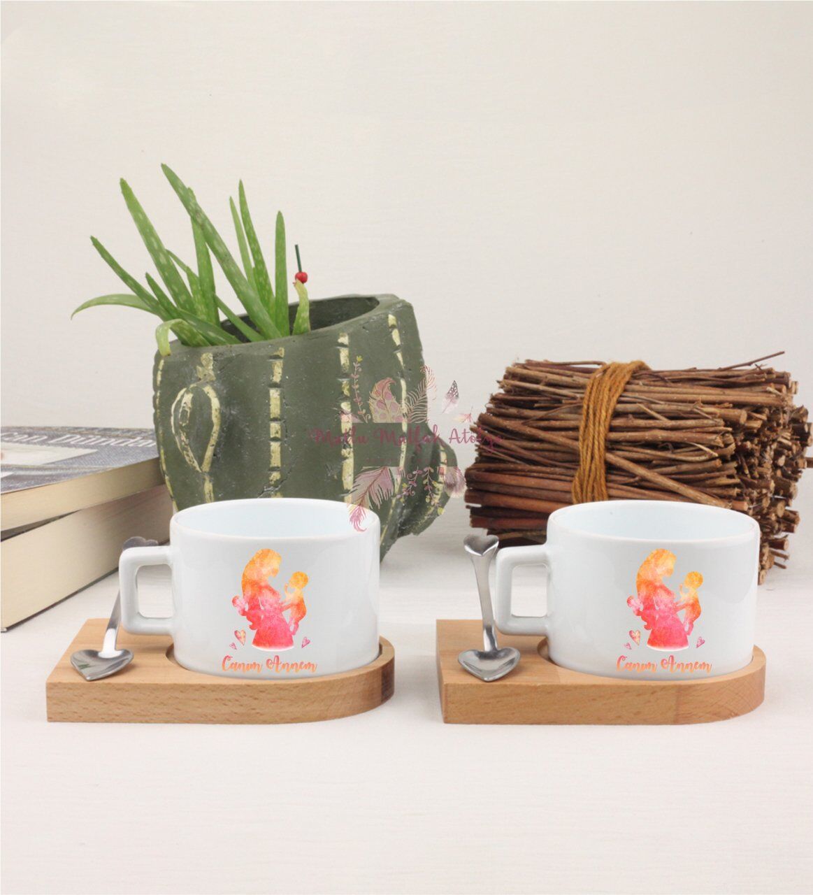 Anneler Günü Canım Annem İkili Ahşap Altlıklı Fincan