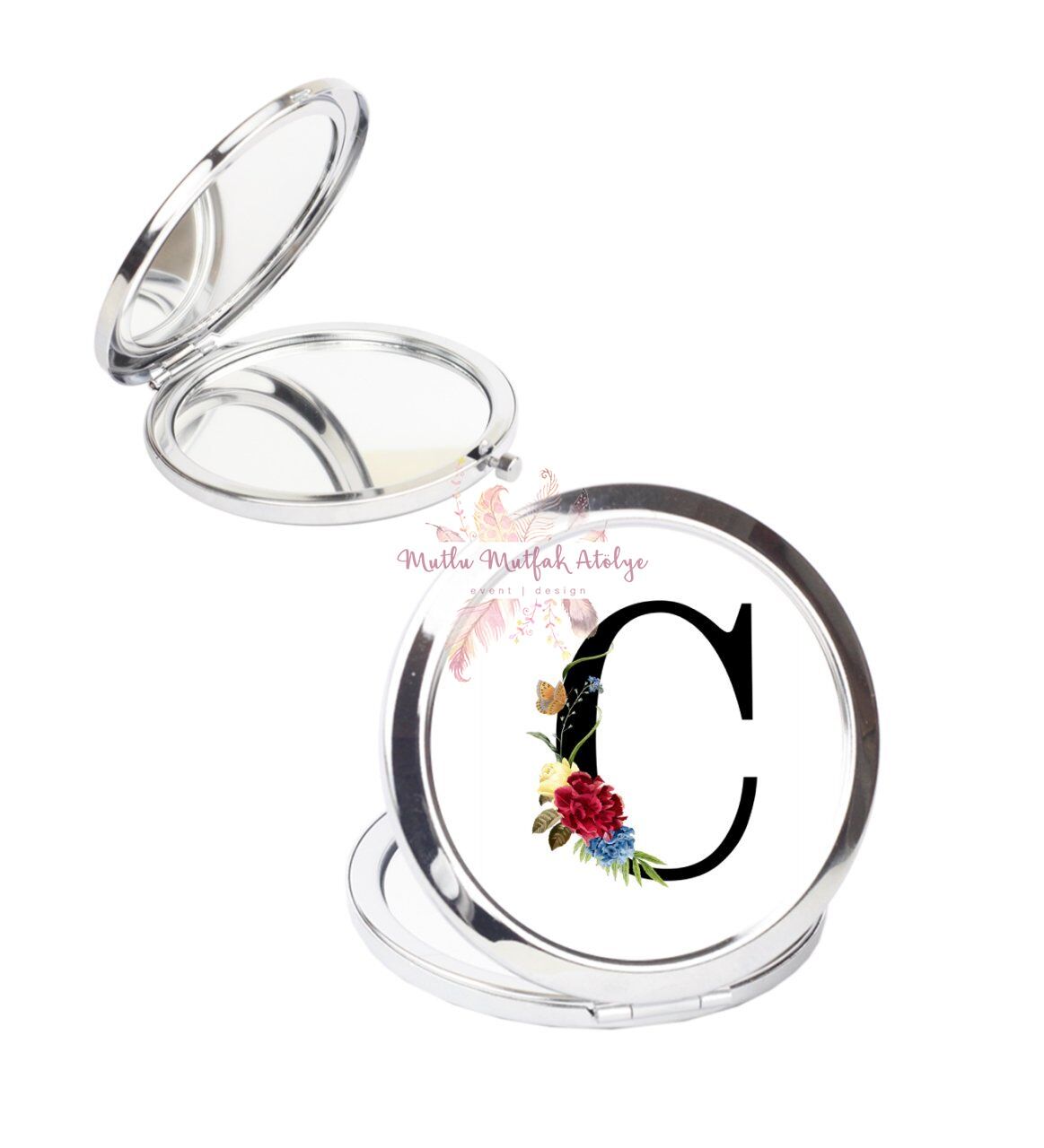 C Harfi Çiçek DesenliCep Aynası