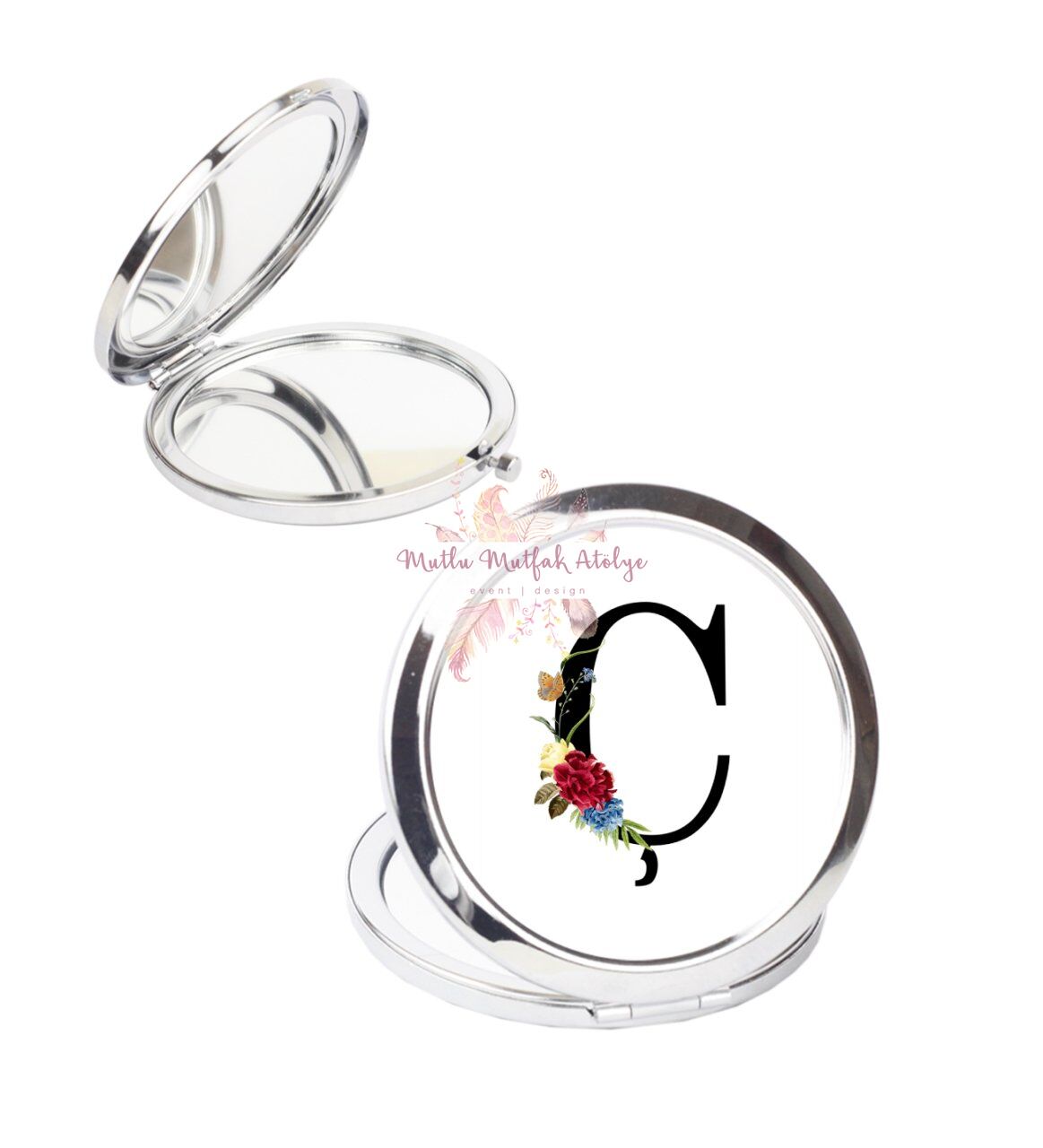 Ç Harfi Çiçek Desenli Cep Aynası