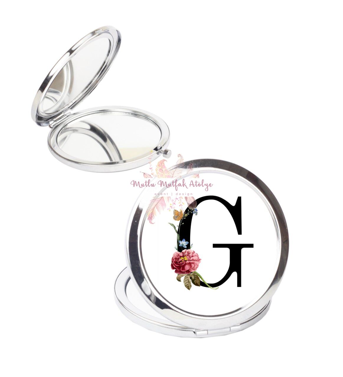 F Harfi Çiçek Desenli Cep Aynası