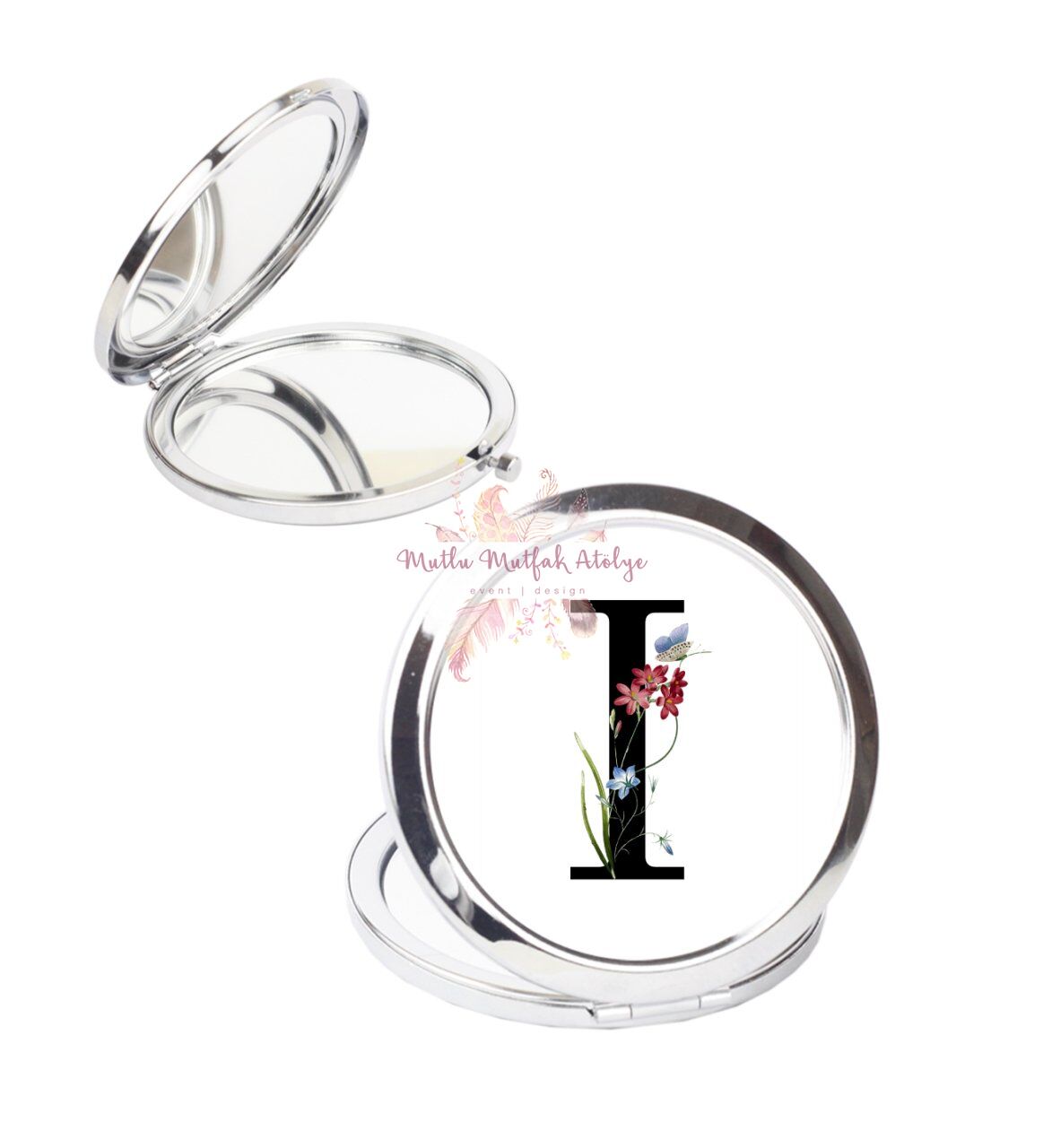 I Harfi Çiçek Desenli Cep Aynası