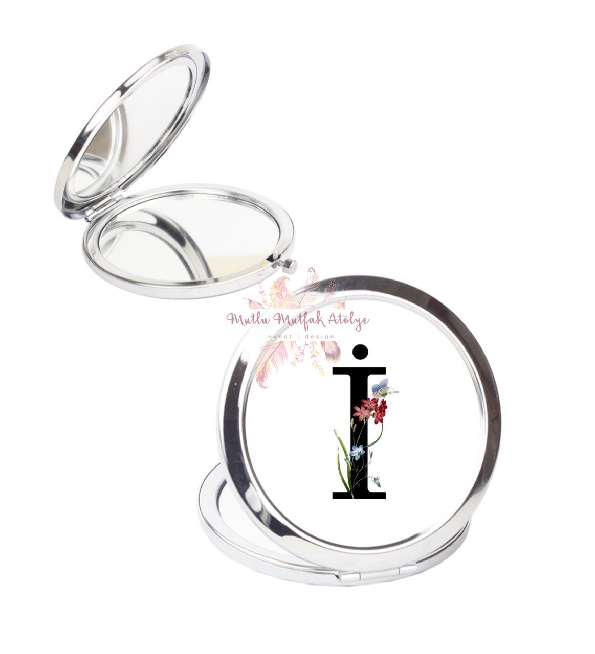 İ Harfi Çiçek Desenli Cep Aynası