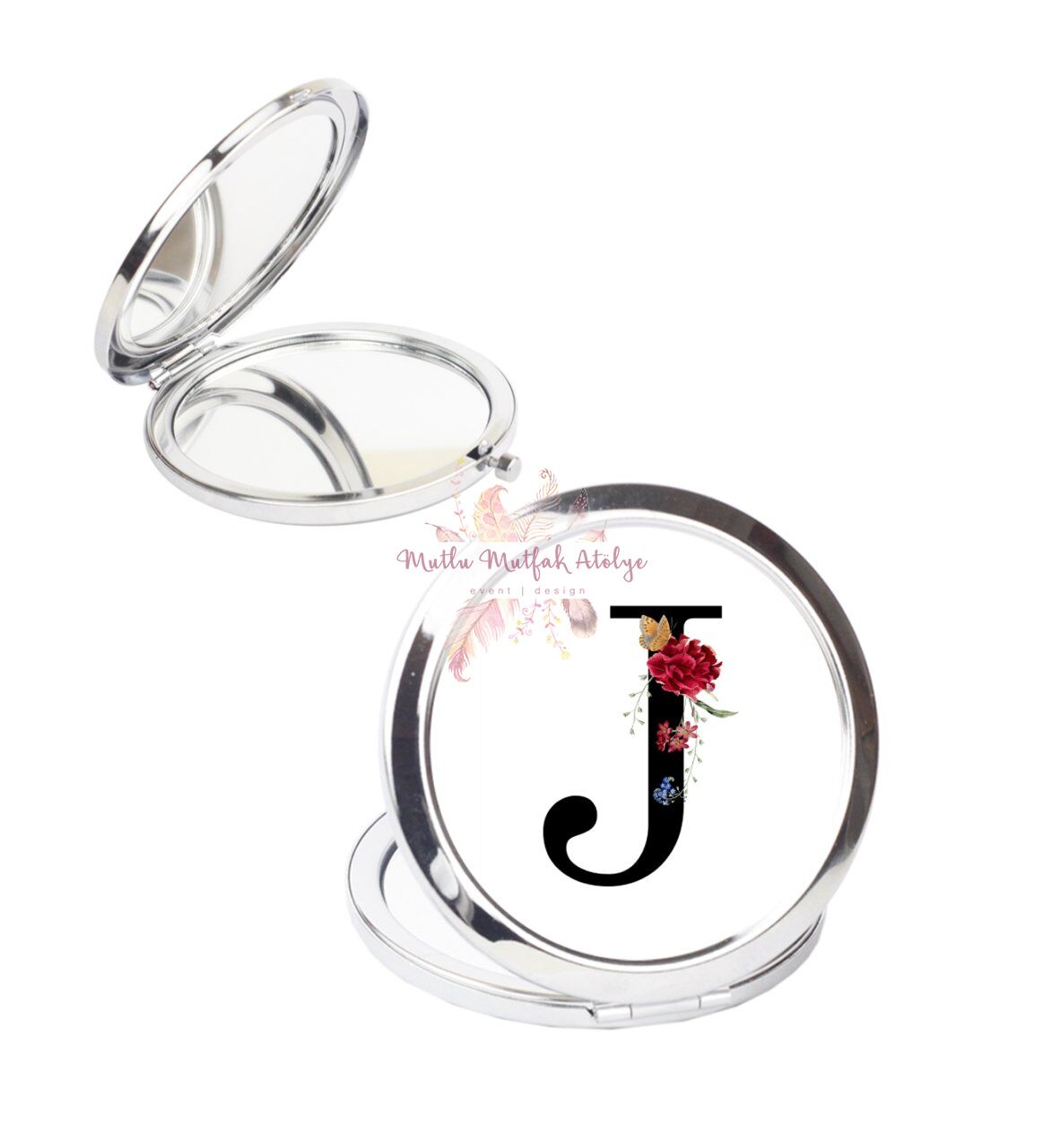 J Harfi Çiçek Desenli Cep Aynası