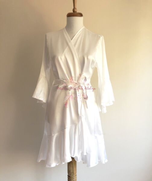 İsimli Baskılı Sabahlık Yeşil Çiçekli İç Elbiseli + Volanlı