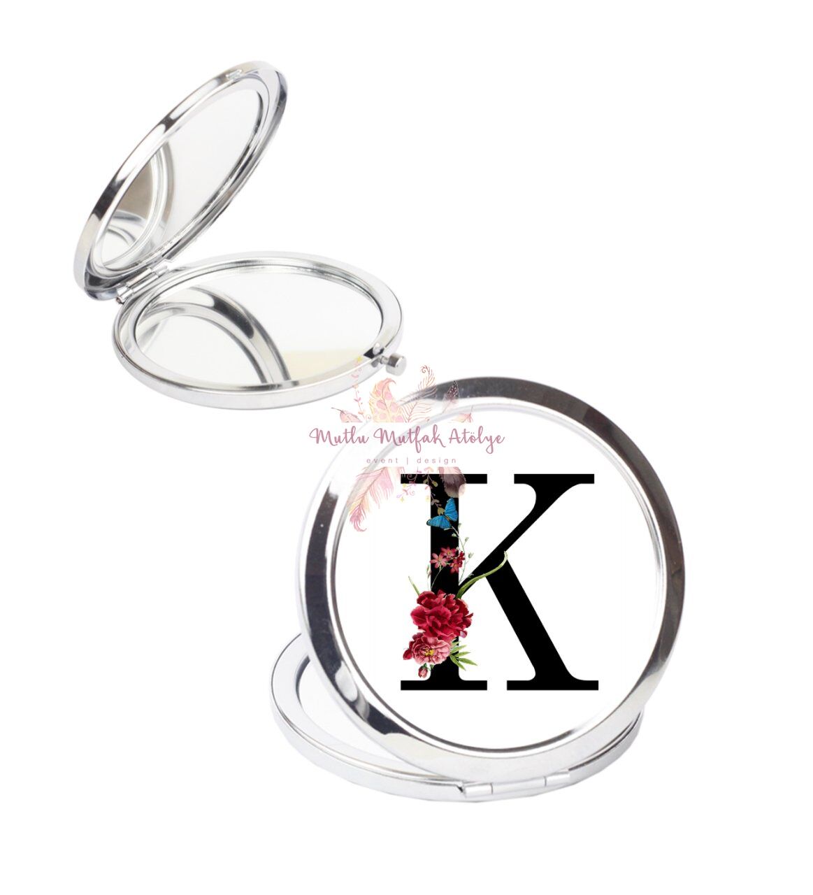 K Harfi Çiçek Desenli Cep Aynası