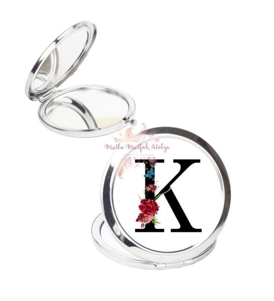K Harfi Çiçek Desenli Cep Aynası