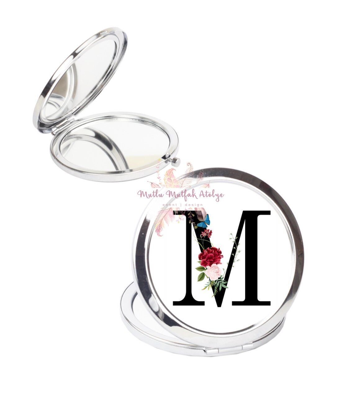M Harfi Çiçek Desenli Cep Aynası