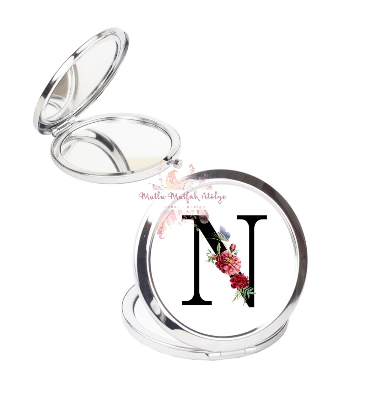 N Harfi Çiçek Desenli Cep Aynası