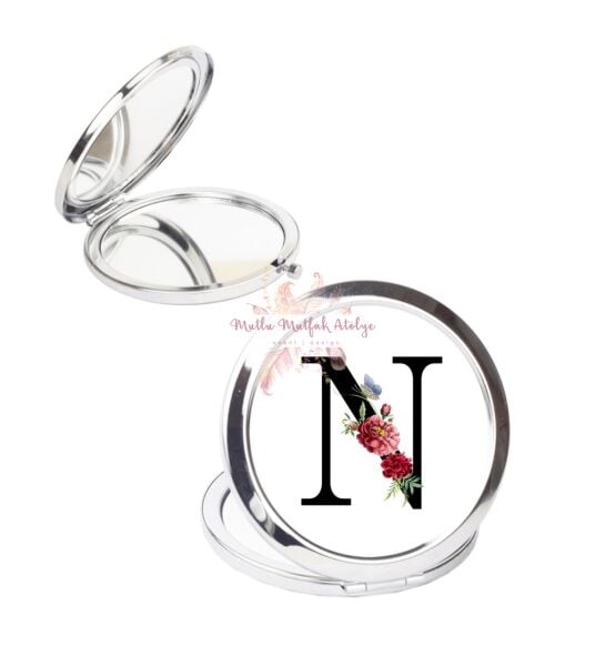 N Harfi Çiçek Desenli Cep Aynası