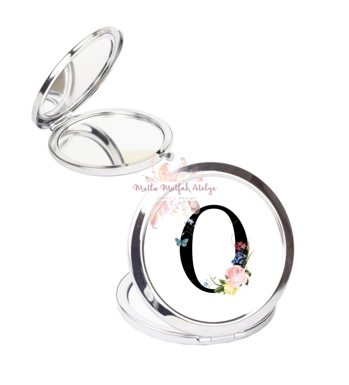 O Harfi Çiçek Desenli Cep Aynası