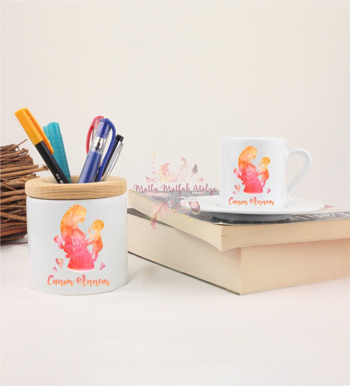 Anneler Günü Canım Annem Kalemlik ve Türk Kahvesi Fincanı