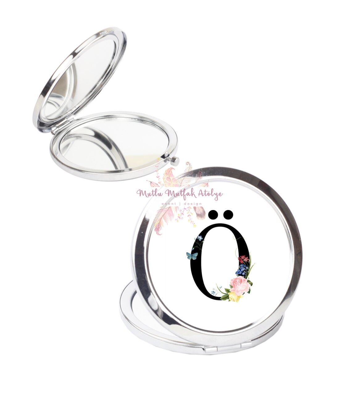 Ö Harfi Çiçek Desenli Cep Aynası