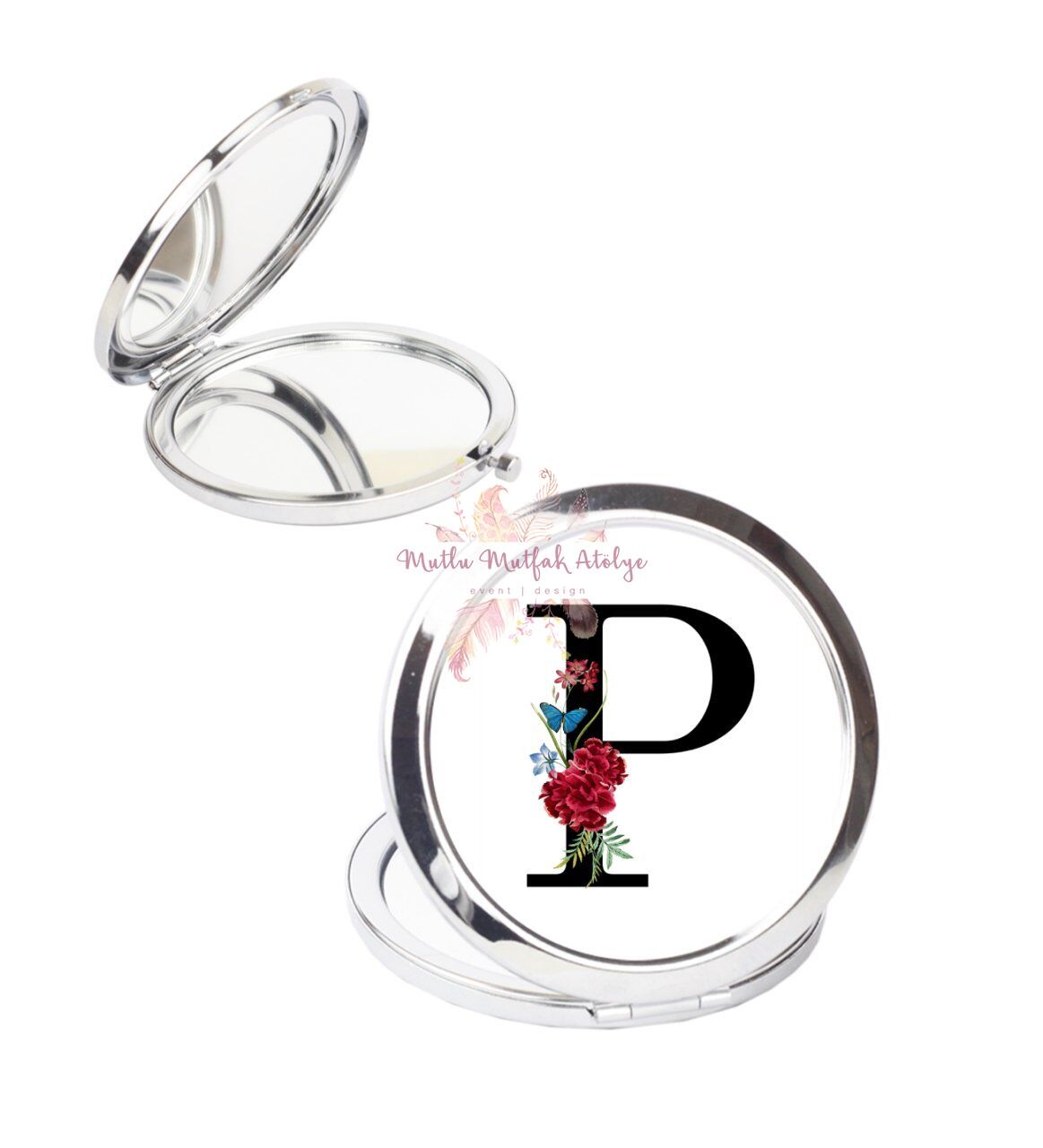 P Harfi Çiçek Desenli Cep Aynası