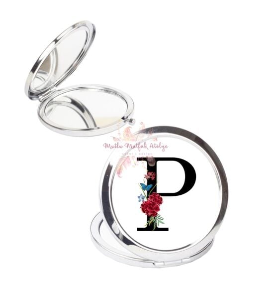 P Harfi Çiçek Desenli Cep Aynası