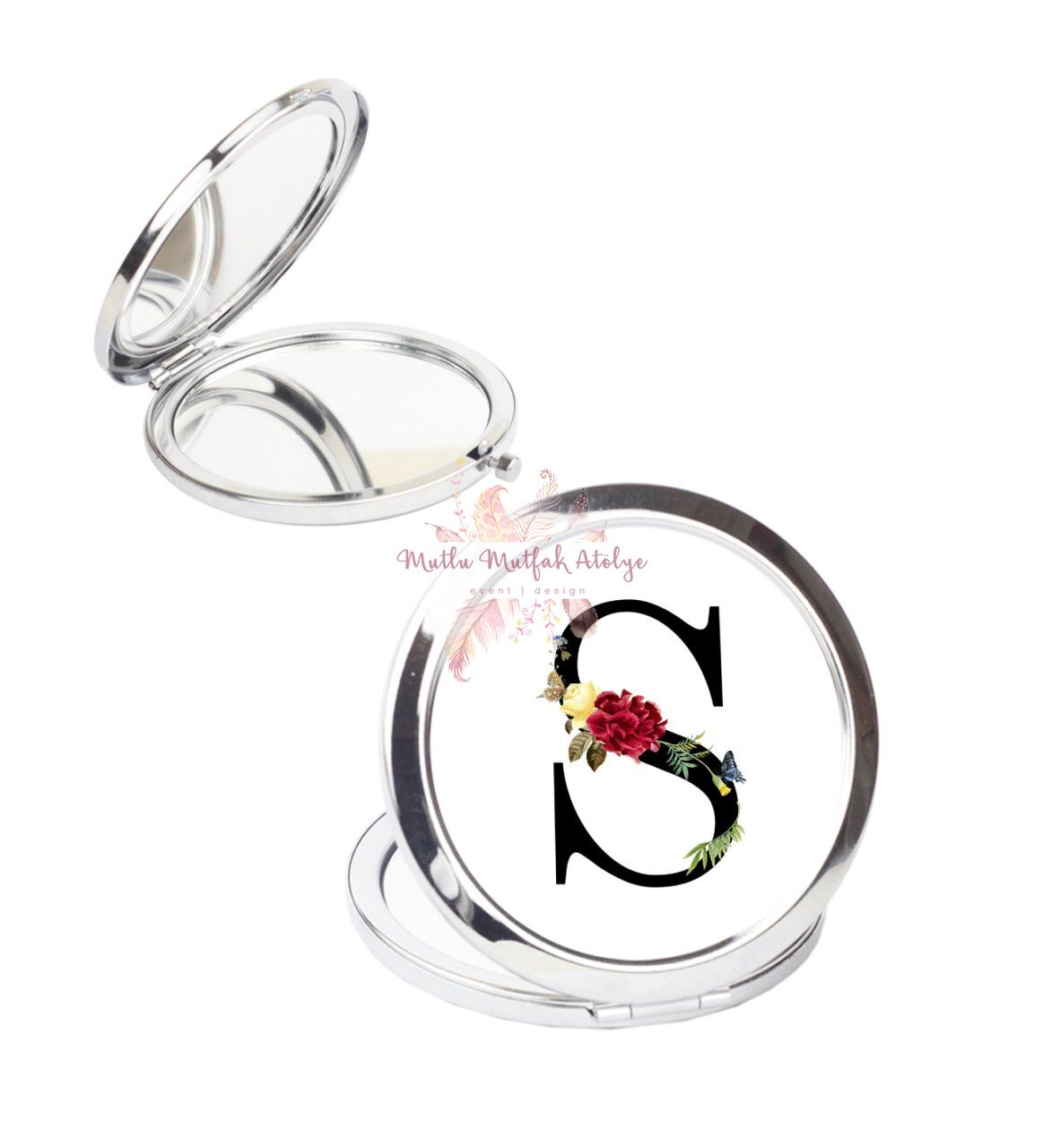 S Harfi Çiçek Desenli Cep Aynası
