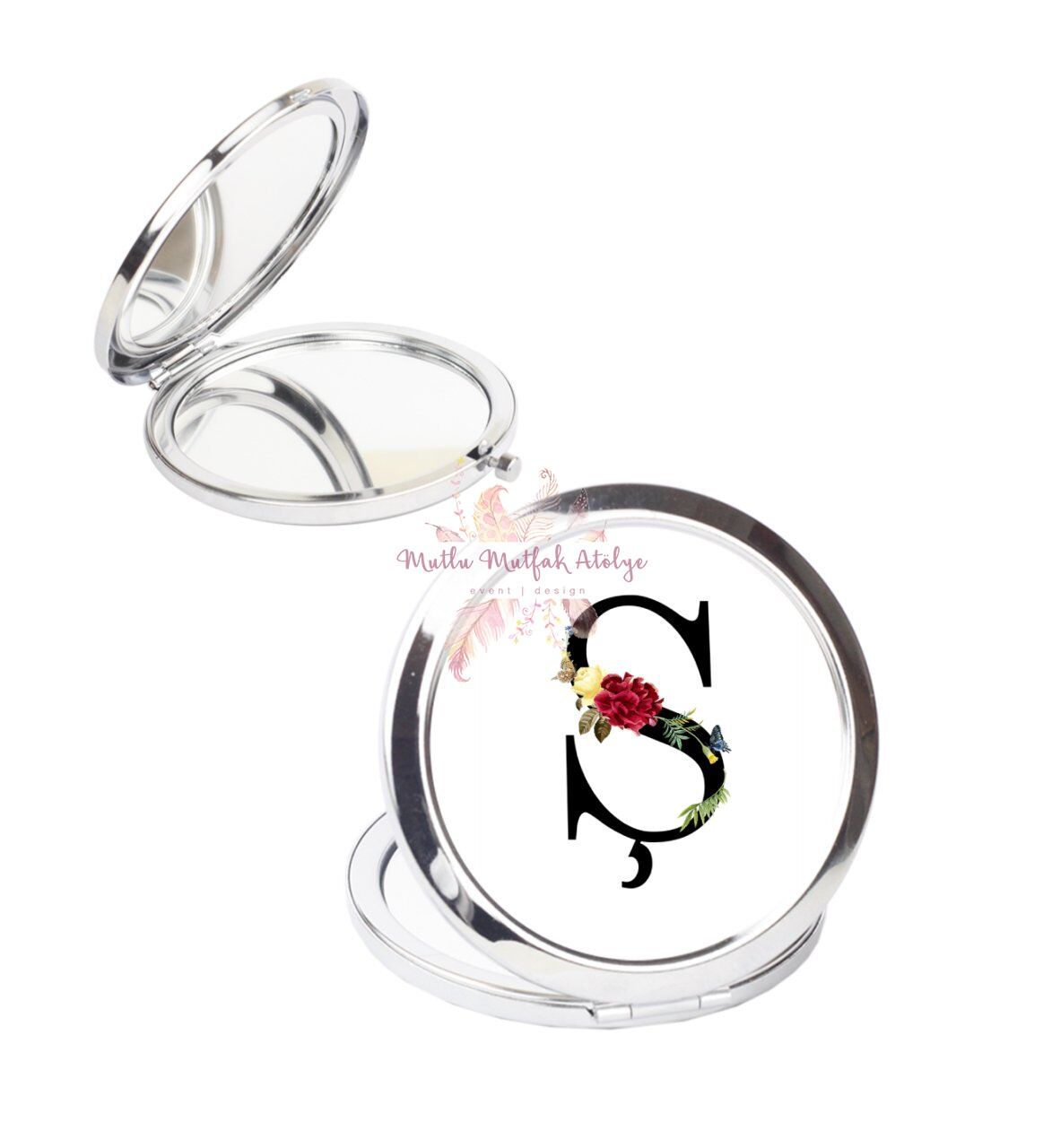 Ş Harfi Çiçek Desenli Cep Aynası