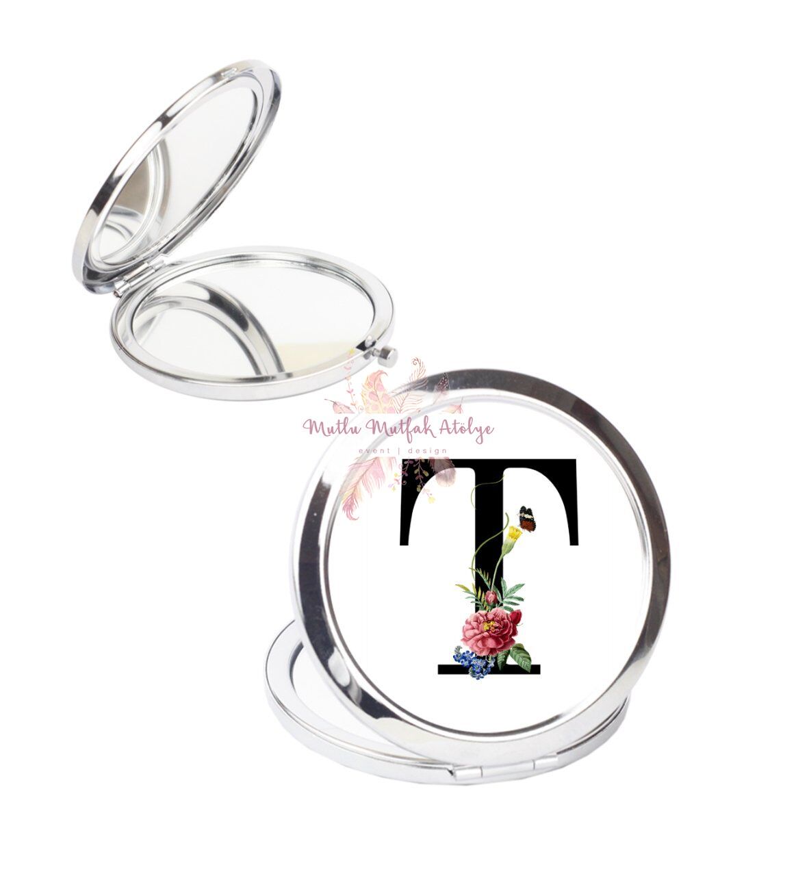 T Harfi Çiçek Desenli Cep Aynası