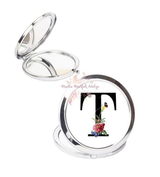 T Harfi Çiçek Desenli Cep Aynası