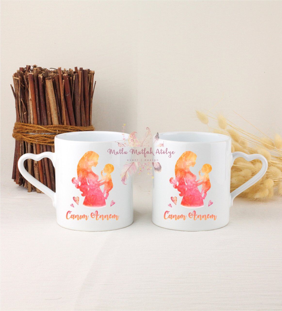 Anneler Günü Canım Annem İkili Beyaz Kalpli Kupa Bardak