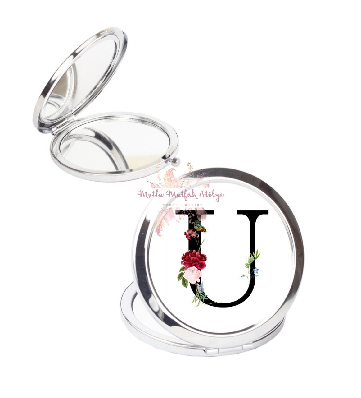 U Harfi Çiçek Desenli Cep Aynası