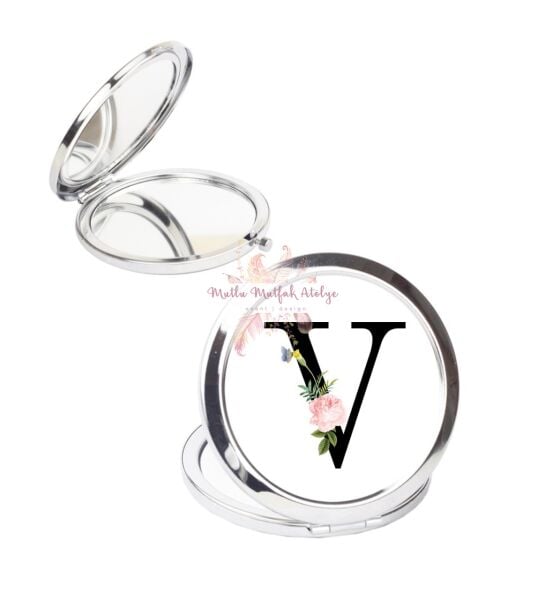 V Harfi Çiçek Desenli Cep Aynası