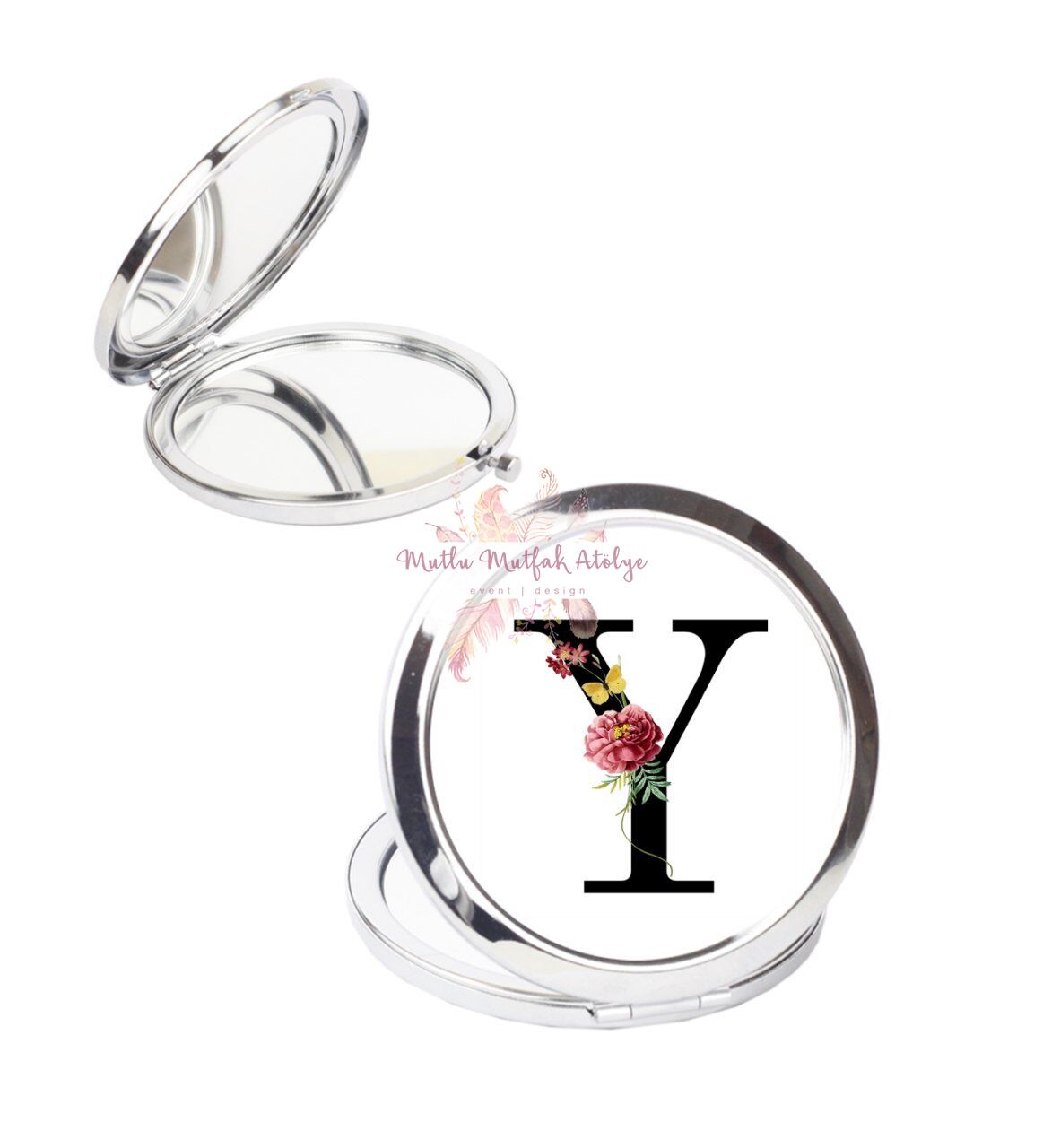 Y Harfi Çiçek Desenli Cep Aynası